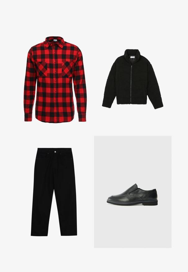 Sort faux fur jakke med høj krave, lynlås lukning, elastiske ærmer og et quiltet design. Har sidelommer og en blød tekstur.; Rød og sort ternet flannel skjorte med knaplukning foran, lange ærmer og to brystlommer. Struktureret stof med ternet mønster.; Sorte denimbukser med lige ben, fem lomme-design og knaplukning foran. Glat tekstur med minimale syninger.; Sorte læder slip-on sko med en glat overdel, syede detaljer, rund tå og en lav gummihæl. Sålen har minimal profil.