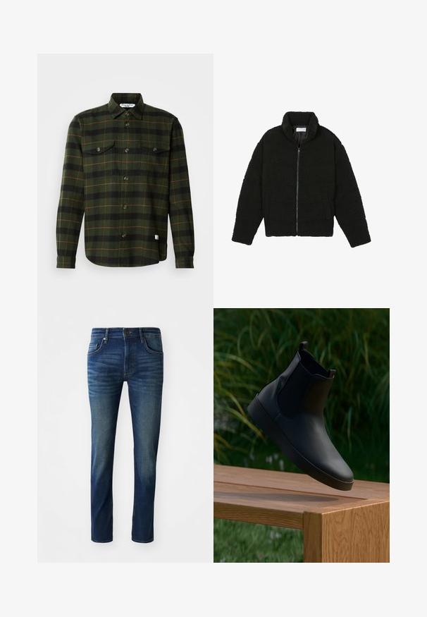 Svart faux fur-jacka med hög krage, dragkedjestängning, elastiska manschetter och ett kviltat mönster. Har sidofickor och en mjuk textur.; Rutig skjorta i mörkgrönt, svart och orange. Tillverkad av flanell med knappstängning fram, krage och två bröstfickor.; Mörkblå denimjeans med slim fit, med fem fickor, knappstängning fram och en subtil blekning på benen.; Svart läderankel stövel med elastiska sidopaneler, slät textur, rund tå och platt sula, positionerad ovanför ett träbord mot grönska.