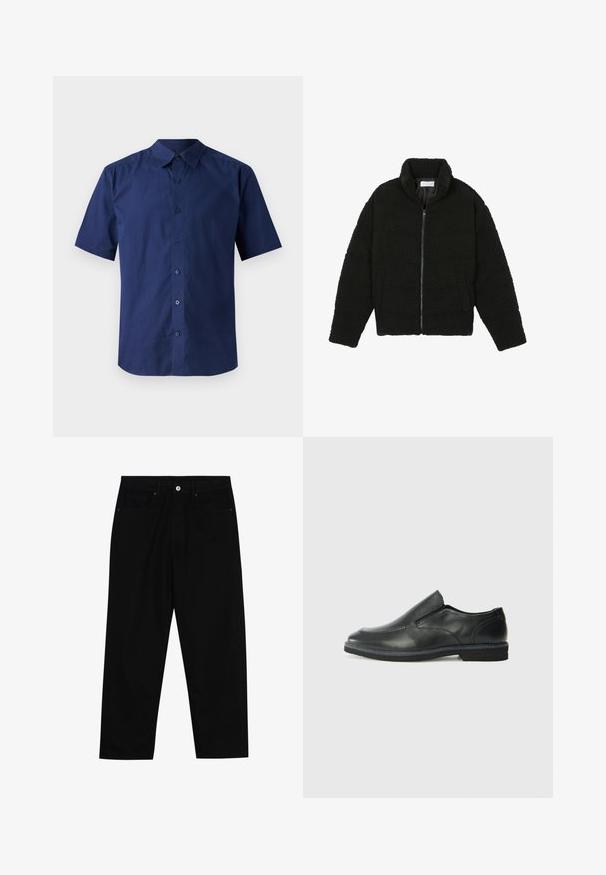 Juoda dirbtinė kailio striukė su aukštu apykakle, užtrauktuku, elastingomis rankovėmis ir siuvinėtu raštu. Su šoninėmis kišenėmis ir švelnia tekstūra.; Trumpa rankovė, tamsiai mėlyna medvilninė marškinė; turi užsegimą priekyje, standartinį apykaklę ir lygią tekstūrą be raštų.; Juoda džinsinė kelnė su tiesiu kirpimu, penkių kišenių dizainu ir priekiniais mygtukais. Lygus paviršius su minimaliu siuvimo detalėmis.; Juodai odiniai įtvirtinimo batai su lygiu paviršiumi, siuvinėjimo akcentais, apvalia nosimi ir žemu guminiu kulnu. Pado raštas minimalus.