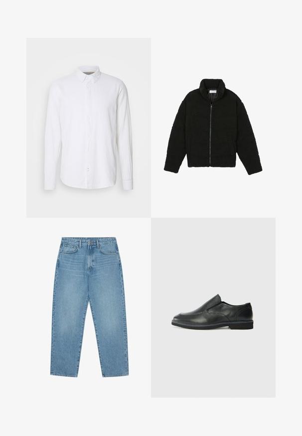 Black faux fur jacket with a high collar, zip closure, elastic cuffs, and a quilted design. Features side pockets and a soft texture.; White long-sleeve button-up shirt made of linen. Features a classic collar, front placket with buttons, and a straight cut hem.; Light blue denim wide-leg jeans with a high waist, featuring five pockets, belt loops, and a soft, slightly faded texture.; Black leather slip-on shoe with a smooth upper, stitched accents, rounded toe, and a low rubber heel. Sole features minimal tread.