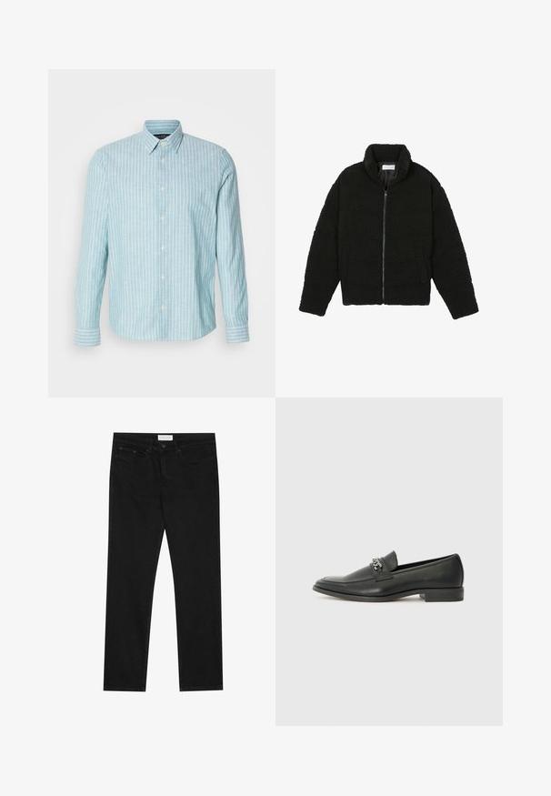 Crna jakna od umjetnog krzna s visokim ovratnikom, zatvaranjem na zip, elastičnim manžetama i kviltanim dizajnom. Sadrži bočne džepove i mekanu teksturu.; Svijetloplava košulja dugih rukava s bijelim vertikalnim prugama, s klasičnim ovratnikom i dugmadi. Mekana tekstura, ležeran dizajn.; Crne ravne traperice s pet džepova, zatvaranje na gumbe i patentni zatvarač, te oznakom marke Pier One na pojasu.; Crna kožna loafer cipela s glatkom finišem, s ušivenim uzorkom i dekorativnim metalnim lancem preko prednjeg dijela. Ravni potplat.