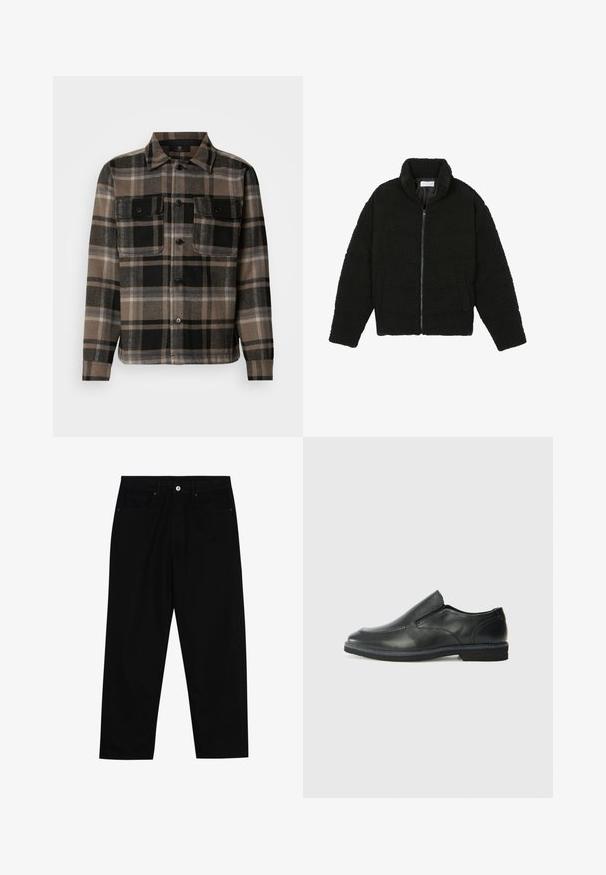 Svart fuskepelsjakke med høy krage, glidelås, elastiske mansjetter og quiltet design. Har sidelommer og en myk tekstur.; Brun og svart rutete skjorte laget av mykt stoff, med knapplukking foran, to brystlommer og klassisk kragedesign.; Sorte denimbukser med rett benklipp, fem-lomme design og frontknappåpning. Jevn tekstur med minimale sømdetaljer.; Sorte skinn slip-on sko med en jevn overflate, stikking detaljer, rund tå og en lav gummihæl. Sålen har minimal mønstring.
