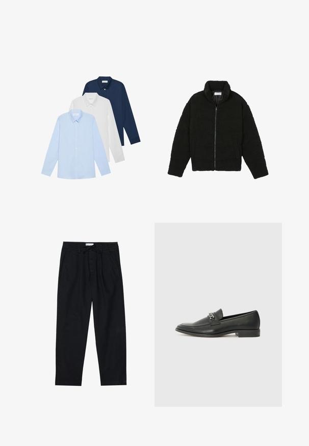 Μαύρη ψεύτικη γούνα τζάκετ με ψηλό γιακά, φερμουάρ, ελαστικούς καρπούς και σχεδίαση με κουβέρτα. Περιλαμβάνει πλαϊνές τσέπες και μαλακή υφή.; Τρία μπλουζάκια με μακρύ μανίκι: ανοιχτό μπλε, λευκό και ναυτικό. Όλα έχουν κλασικό γιακά και κουμπιά μπροστά, φτιαγμένα από λείο ύφασμα.; Pier One Chinos - black; Μαύρη δερμάτινη λοφάρα με λείο φινίρισμα, που διαθέτει ραμμένο σχέδιο και διακοσμητική μεταλλική αλυσίδα πάνω από το μπροστινό μέρος. Χαμηλή φτέρνα.