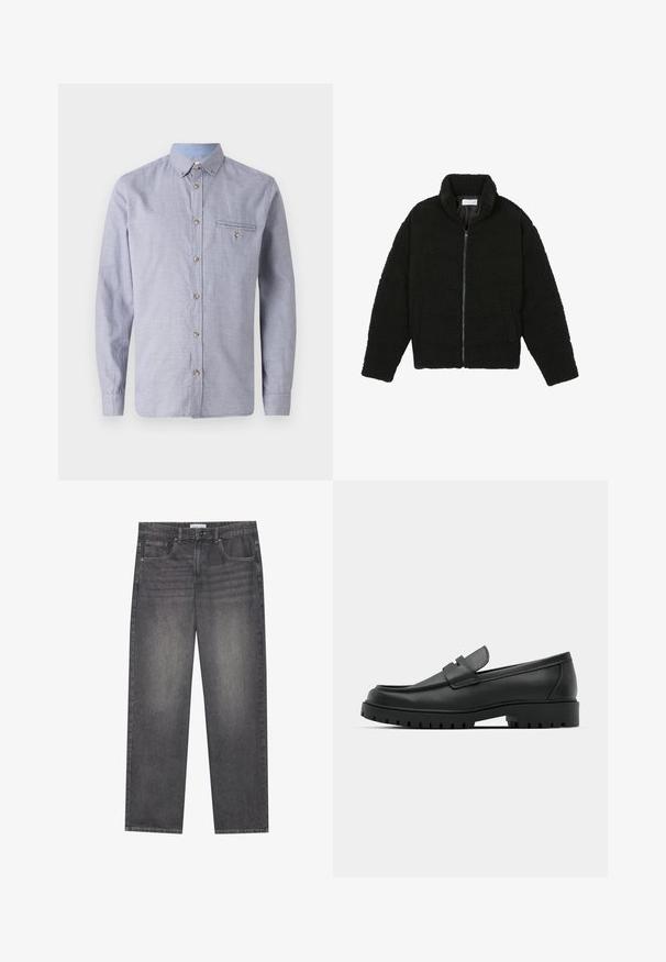 Sort faux fur jakke med høj krave, lynlås lukning, elastiske ærmer og et quiltet design. Har sidelommer og en blød tekstur.; Lysblå og hvid ternet langærmet skjorte med button-down krave, brystlomme, manchetter med knapper og trækknapper i træ.; Mørkegrå denimjeans med lige ben, der har fem lommer, en frontlukning med knap og diskret falmning over stoffet.; Sorte læder loafers med rund tå, der har et syet design, lav platformssål og en struktureret, skridsikker gummisål.