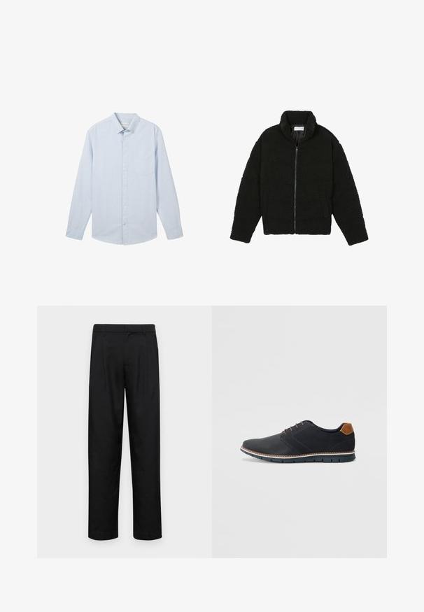 Must must karusnahast jakk kõrge kraega, lukuga sulgemine, elastsed varrukad ja tikandmuster. Omab küljetaskuid ja pehmet tekstuuri.; Hele hallid pikkade varrukatega nööbiga särk õhukeste valgete triipudega, klassikaline krae ja vasakul rinna kohal plaastrikotiga, valmistatud puuvillast kangast.; Mustad mustadest riietest, millel on sirge jalgade disain, kaks eesmist voltimist ja tavaline vöökoht, millel on vöökohad.; Mustavad sünteetilised jalatsid tekstureeritud pealsega, siledad aktsendid, pruun kand ja kontrastne tall. Omab minimaalset lukkude ja õmbluste dekoratsiooni.