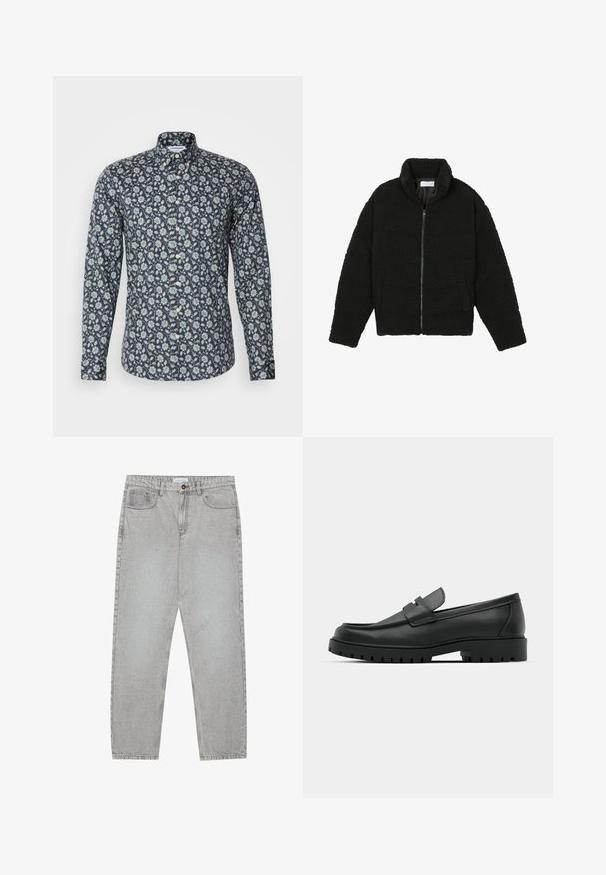 Μαύρη ψεύτικη γούνα τζάκετ με ψηλό γιακά, φερμουάρ, ελαστικούς καρπούς και σχεδίαση με κουβέρτα. Περιλαμβάνει πλαϊνές τσέπες και μαλακή υφή.; Μακρυμάνικη πουκάμισο με κουμπιά σε ναυτικό μπλε χρώμα με λουλουδάτο μοτίβο σε πράσινο και λευκό. Διαθέτει κλασικό γιακά και λεία υφή υφάσματος.; Ανοιχτό γκρι τζιν παντελόνι με ίσια γραμμή, πέντε τσέπες και κλείσιμο με κουμπί. Ορατές ραφές κατά μήκος των ραφών.; Μαύρα δερμάτινα λουστρίνια με στρογγυλή μύτη, που διαθέτουν ραμμένο σχέδιο, χαμηλή πλατφόρμα και υφή με λαστιχένια σόλα με προεξοχές.