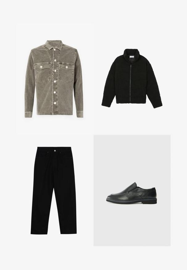 Czarna kurtka z faux futra z wysokim kołnierzem, zapięciem na zamek, elastycznymi mankietami i pikowanym wzorem. Posiada boczne kieszenie i miękką fakturę.; Kurtka koszulowa z korduroyu w oliwkowym kolorze, z klasycznym kołnierzem, dwiema przednimi kieszeniami i zapięciem na guziki z przodu z beżowymi guzikami. Gładka faktura.; Czarne spodnie dżinsowe w klasycznym kroju prostym, z pięcioma kieszeniami i zapięciem na guzik z przodu. Gładka tekstura z minimalnymi detalami szwy.; Czarne skórzane buty wsuwane z gładką cholewką, przeszyciami, okrągłym noskiem i niskim gumowym obcasem. Podeszwa ma minimalny bieżnik.
