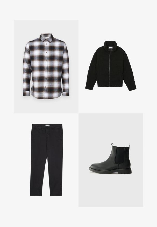 Must must karusnahast jakk kõrge kraega, lukuga sulgemine, elastsed varrukad ja tikandmuster. Omab küljetaskuid ja pehmet tekstuuri.; Pikendustega ruuduline särk, millel on pruunid, mustad ja valged värvid, nööbid allapoole kaeluses ja pruunid nööbid pehmest kangast.; Mustad puuvillased püksid kitsas lõikes, millel on kaks külgtaskut ja ees klõpsuga kinnitamine. Tekstuuriga kangas, millel on peened detailid.; Mustad mustad Chelsea saapad elastsete külgpaneelidega, tõmbevalmidus, ümara ninaga ja tekstureeritud kummitald. Sile pind ja vastupidav disain.