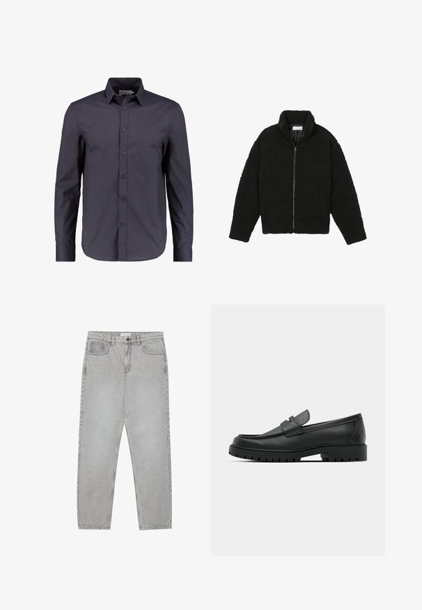 Zwarte faux fur jas met een hoge kraag, ritssluiting, elastische manchetten en een doorgestikt ontwerp. Beschikt over zijzakken en een zachte textuur.; Donker marineblauwe langeslouwen overhemd van gladde katoen, met een knoopsluiting aan de voorkant, klassieke kraag en een getailleerde pasvorm.; Lichtgrijze denimbroek met een recht model, vijfzakkenstijl en een knoopsluiting. Zichtbare stiksels langs de naden.; Zwarte leren instappers met een ronde neus, voorzien van een gestikt ontwerp, een lage platformzool en een gestructureerde, grof rubberen buitenzool.