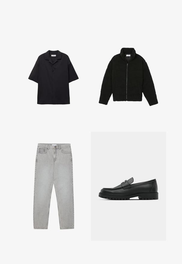 Giacca in pelliccia sintetica nera con colletto alto, chiusura con zip, polsini elasticizzati e design trapuntato. Presenta tasche laterali e una consistenza morbida.; Camicia nera a maniche corte con bottoni, realizzata in tessuto morbido, con colletto a ripiego e vestibilità comoda. Presenta cinque bottoni anteriori e nessun motivo.; Pantaloni in denim grigio chiaro con design a gamba dritta, stile a cinque tasche e chiusura con bottone. Cuciture visibili lungo le cuciture.; Mocassini in pelle nera con punta rotonda, caratterizzati da un design cucito, suola piatta bassa e un battistrada in gomma testurizzata e scolpita.
