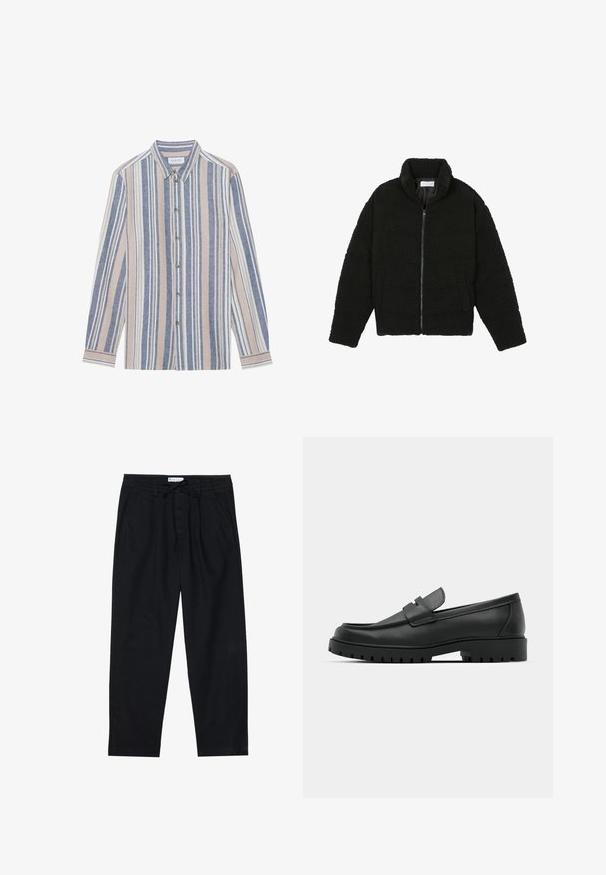 Black faux fur jacket with a high collar, zip closure, elastic cuffs, and a quilted design. Features side pockets and a soft texture.; Button-up shirt with long sleeves, featuring vertical stripes in blue, beige, and white. Made of a textured fabric, with a collar and metal buttons.; Pier One Chinos - black; Black leather loafers with a rounded toe, featuring a stitched design, low platform sole, and a textured, lugged rubber outsole.