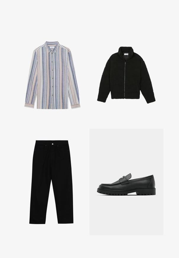 Veste en fausse fourrure noire avec un col haut, fermeture éclair, poignets élastiques et un design matelassé. Elle possède des poches latérales et une texture douce.; Chemise à manches longues avec un col, ornée de rayures verticales bleues, beiges et blanches. Fabriquée dans un tissu texturé, avec un col et des boutons en métal.; Pantalons en denim noir avec une coupe droite, un design à cinq poches et une fermeture à bouton à l'avant. Texture lisse avec des détails de couture minimaux.; Mocassins en cuir noir à bout arrondi, avec un design cousu, une semelle plateforme basse et une semelle en caoutchouc texturée et crantée.