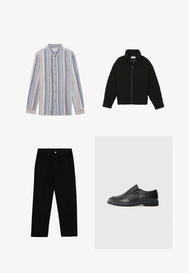 Juoda dirbtinė kailio striukė su aukštu apykakle, užtrauktuku, elastingomis rankovėmis ir siuvinėtu raštu. Su šoninėmis kišenėmis ir švelnia tekstūra.; Ilga rankovėmis marškiniai su užsegimu, puošti vertikaliomis mėlynomis, šviesiai rudemis ir baltomis juostelėmis. Pagamintas iš faktūrinio audinio, turi apykaklę ir metalines mygtukus.; Juoda džinsinė kelnė su tiesiu kirpimu, penkių kišenių dizainu ir priekiniais mygtukais. Lygus paviršius su minimaliu siuvimo detalėmis.; Juodai odiniai įtvirtinimo batai su lygiu paviršiumi, siuvinėjimo akcentais, apvalia nosimi ir žemu guminiu kulnu. Pado raštas minimalus.