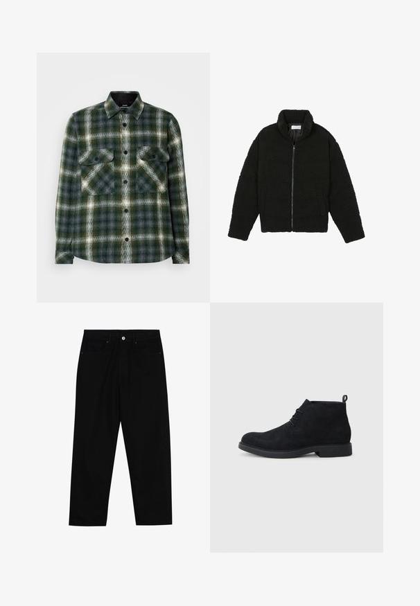 Fekete műszőrme dzseki magas gallérral, cipzáros záródással, rugalmas mandzsettákkal és steppelt mintázattal. Oldalsó zsebekkel rendelkezik, és puha tapintású.; Sötétzöld és szürke kockás mintájú flaneling. Két mellzsebbe, fekete gombokkal és klasszikus gallérral rendelkezik. Puha tapintású.; Fekete farmernadrág, egyenes szabással, öt zsebből álló dizájnnal és elülső gombos záródással. Simább felület minimális varrási részletekkel.; Fekete velúr bokacsizmák lekerekített orral, fűzős kialakítással és texturált gumitalppal. Hátsó részen kis húzófül található.