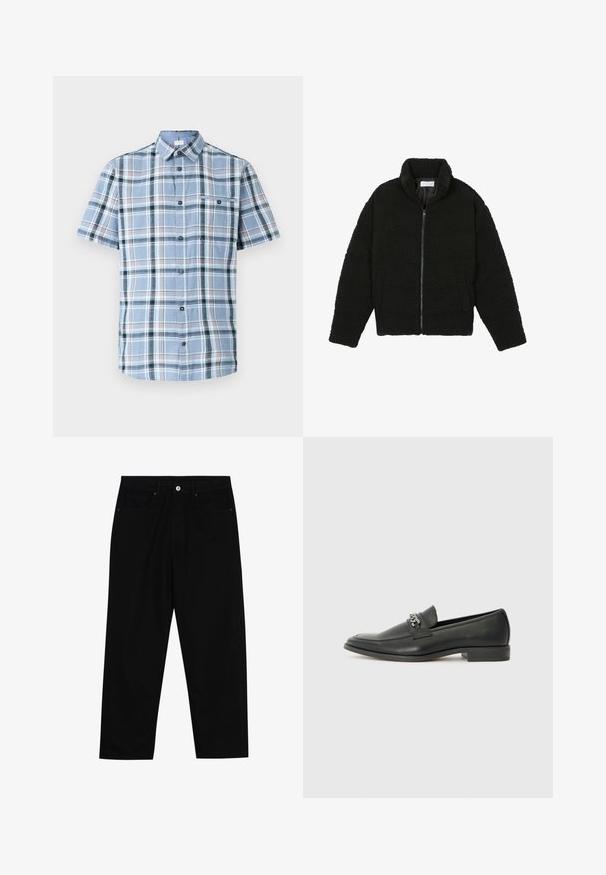 Chaqueta de pelaje sintético negro con cuello alto, cierre de cremallera, puños elásticos y un diseño acolchado. Cuenta con bolsillos laterales y una textura suave.; Camisa de manga corta con botones en cuadros de color azul claro, con acentos en azul oscuro, blanco y rojo. Presenta un bolsillo en el pecho y una textura suave.; Pantalones de mezclilla negra con corte recto, diseño de cinco bolsillos y cierre frontal con botón. Textura suave con detalles de costura mínimos.; Mocasín de cuero negro con un acabado suave, que cuenta con un diseño de costura y un acento decorativo de cadena de metal en el empeine. Tacón plano.