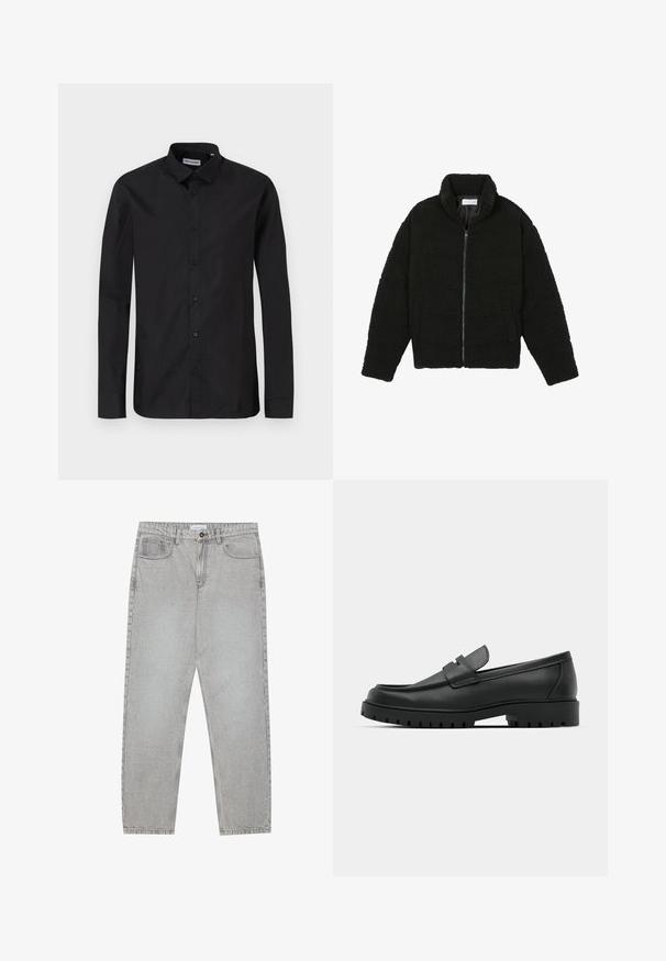 Zwarte faux fur jas met een hoge kraag, ritssluiting, elastische manchetten en een doorgestikt ontwerp. Beschikt over zijzakken en een zachte textuur.; Zwarte lange mouwen overhemd met knopen en een klassieke kraag, gemaakt van een gladde stof, met knopen aan de voorkant en een reguliere pasvorm.; Lichtgrijze denimbroek met een recht model, vijfzakkenstijl en een knoopsluiting. Zichtbare stiksels langs de naden.; Zwarte leren instappers met een ronde neus, voorzien van een gestikt ontwerp, een lage platformzool en een gestructureerde, grof rubberen buitenzool.