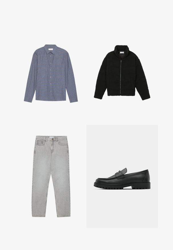 Musta tekokarvalehtijakku korkean kauluksen, vetoketjun, joustavat hihansuut ja tilkkutäkkikuvion. Sisältää sivutaskut ja pehmeän pinnan.; Sininen ja ruskea ruudullinen pitkähihaisvaate, jossa on terävä kaulus, napit edessä ja yksinkertaiset hihansuut. Pehmeä kangas, normaali istuvuus.; Vaaleanharmaat farkut, joissa on suora lahje, viisi taskua ja nappisulku. Saumojen varrella näkyvä ompelu.; Musta nahkaloafers, joissa on pyöreä kärki, ommeltu pinta, matala alusta ja kuvioitu, kuminen ulkopohja.