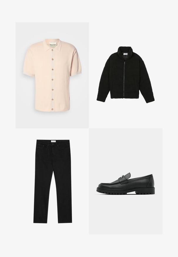 Giacca in pelliccia sintetica nera con colletto alto, chiusura con zip, polsini elasticizzati e design trapuntato. Presenta tasche laterali e una consistenza morbida.; Camicia a maniche corte con colletto di un rosa pallido, caratterizzata da un motivo texturizzato, chiusura frontale a bottoni tondi e un dettaglio del logo sull'orlo.; Jeans neri a gamba dritta con design a cinque tasche, chiusura con bottone e zip, e etichetta del marchio Pier One sulla cintura.; Mocassini in pelle nera con punta rotonda, caratterizzati da un design cucito, suola piatta bassa e un battistrada in gomma testurizzata e scolpita.