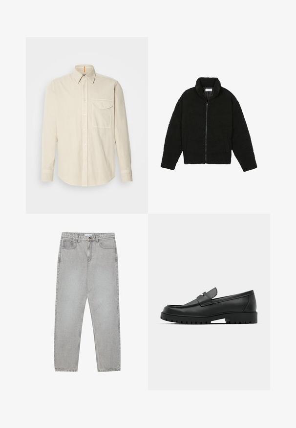 Casaco de pelo sintético preto com gola alta, fecho de zip, punhos elásticos e um design acolchoado. Apresenta bolsos laterais e uma textura suave.; Camisa bege de manga longa em um tecido macio e texturizado. Apresenta um colarinho com botões, uma parte frontal com botões e um bolso à esquerda no peito.; Calças de ganga cinza claro com um design de perna reta, estilo de cinco bolsos e fecho com botão. Costura visível ao longo das costuras.; Sapatilhas de couro preto com bico arredondado, apresentando um design cosido, sola de plataforma baixa e um solado de borracha texturizado e com cravos.