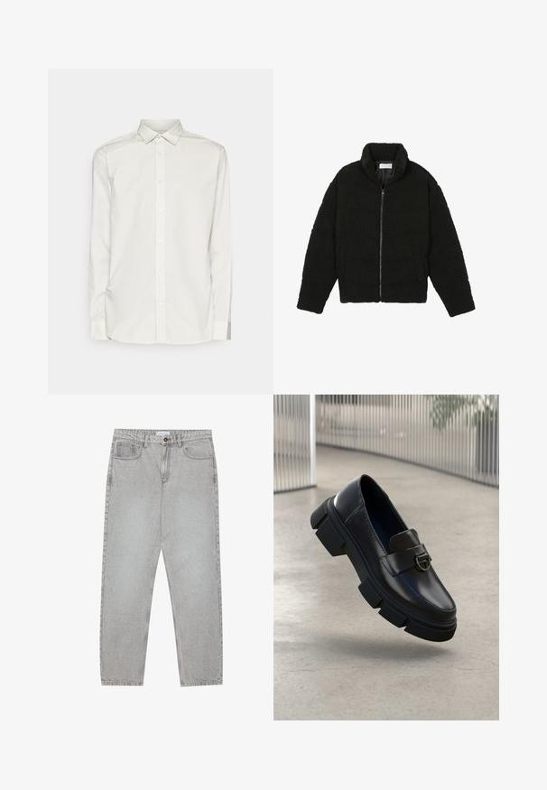 Must must karusnahast jakk kõrge kraega, lukuga sulgemine, elastsed varrukad ja tikandmuster. Omab küljetaskuid ja pehmet tekstuuri.; Jack & Jones JJJOE PRINT SHIRT - Ametlik pluus - crockery; Heledad hallide denimpüksid otse säärekujundusega, viie-taskulise stiliseerimise ja nupukinnitusega. Nähtav õmblus kõrvuti.; Mustad mustadest nahast mokassiinid, millel on turske kummitald ja selgelt määratletud muster. Ees on rihm, millel on ümmargune metallaktsent.