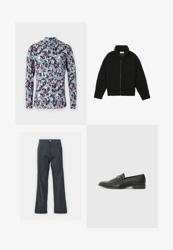 Casaco de pelo sintético preto com gola alta, fecho de zip, punhos elásticos e um design acolchoado. Apresenta bolsos laterais e uma textura suave.; Camisa de manga longa abotoada em azul claro com um padrão floral em vermelho, preto e branco. Apresenta colarinho e fecho frontal com botões.; Calças pretas com corte reto, feitas de um tecido em mistura de algodão. Apresenta um fecho com botão metálico e bolsos laterais. Sem padrões visíveis.; Sapatilha de couro preta com um acabamento suave, apresentando um design cosido e um detalhe decorativo de corrente de metal atravessando o peito do pé. Salto baixo.