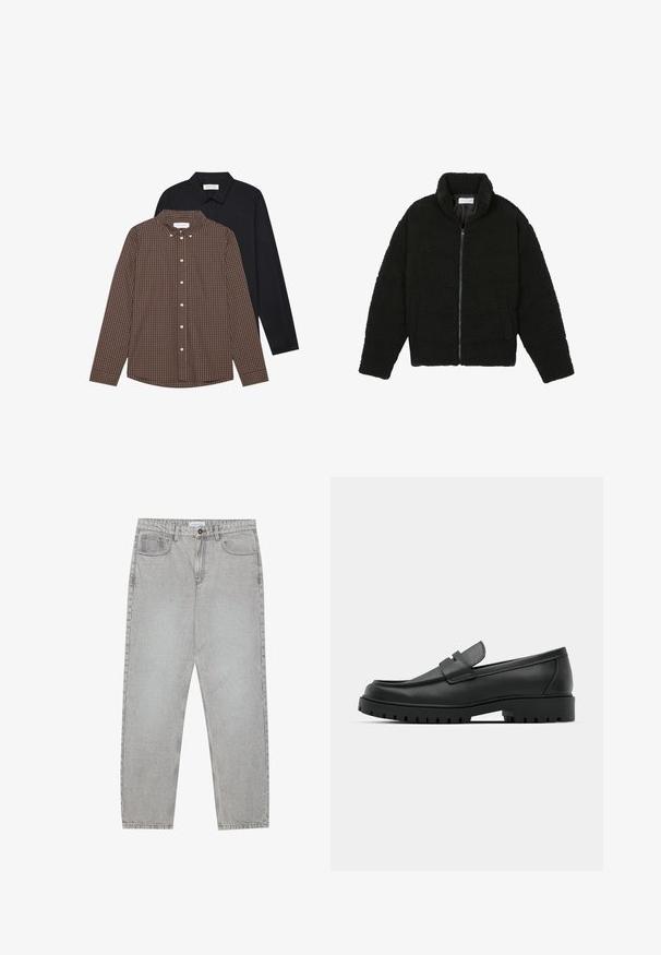 Svart faux fur-jacka med hög krage, dragkedjestängning, elastiska manschetter och ett kviltat mönster. Har sidofickor och en mjuk textur.; Två långärmade skjortor: en brun rutig mönster med knappar och en svart i enhetlig färg. Båda har kragar och manschetter med knappar.; Ljusgrå denimbyxor med rak benform, femficksdesign och knappstängning. Synliga sömmar längs sömmarna.; Svarta lädersneakers med rund tå, med en sydd design, låg plattformssula och en texturerad, mönstrad gummisula.