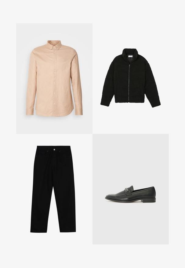 Sort faux fur jakke med høj krave, lynlås lukning, elastiske ærmer og et quiltet design. Har sidelommer og en blød tekstur.; Lys beige button-up skjorte lavet af bomuld med lange ærmer, en fitted krave og et lille logo på brystet. Glat tekstur, klassisk design.; Sorte denimbukser med lige ben, fem lomme-design og knaplukning foran. Glat tekstur med minimale syninger.; Sorte læder loafers med en glat finish, der har et syet design og et dekorativt metal kædeaccent hen over vamps. Flad hæl.