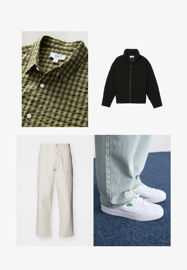 Veste en fausse fourrure noire avec un col haut, fermeture éclair, poignets élastiques et un design matelassé. Elle possède des poches latérales et une texture douce.; Chemise à manches courtes à carreaux verts en tissu doux, avec un col à boutons et des boutons blancs, portant une étiquette et une étiquette de taille attachées.; Pantalons larges beige clair en coton. Dotés de poches avant et d'une fermeture à bouton. Texture lisse avec de légères lignes verticales.; Baskets en cuir blanc avec logo Nike vert, bout rond, semelle plate, associées à un pantalon en denim bleu clair, présentées sur un tapis bleu.