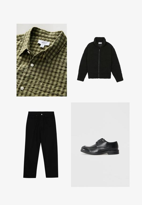 Melnā mākslīgā kažokādas jaka ar augstu apkakli, ar rāvējslēdzēju, elastīgām piedurknēm un kvadrātveida šuvēm. Iespējotas sānu kabatas un mīksta tekstūra.; Zaļš švīku īssvārku krekls, izgatavots no mīksta auduma, ar pogājamu apkakli un baltām pogām, ar pieliktu etiķeti un izmēra birku.; Melni džinsi ar taisnu kāju griezumu, piecu kabatu dizainu un priekšēju pogu aizdari. Gluda tekstūra ar minimālu šuvju detaļu skaitu.; Melnas ādas kurpes ar auklām, apaļu purngalu, gludu tekstūru un zemu papēdi. Iekļautas dūriena detaļas gar augšdaļu un sāniem.