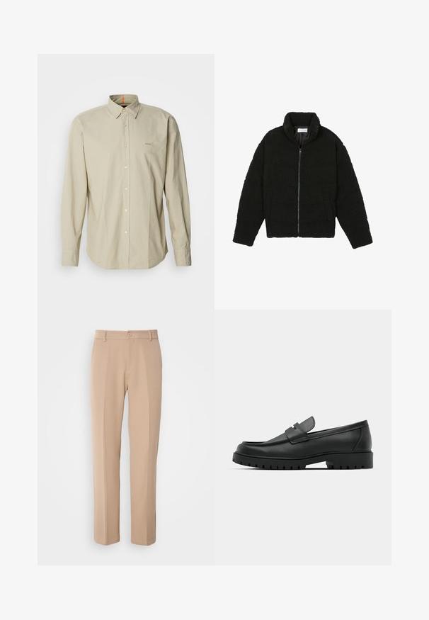 Juoda dirbtinė kailio striukė su aukštu apykakle, užtrauktuku, elastingomis rankovėmis ir siuvinėtu raštu. Su šoninėmis kišenėmis ir švelnia tekstūra.; Šviesiai rudas marškiniai su ilgomis rankovėmis, mygtukais priekyje ir struktūrizuota apykakle, turi kišenę su užtrauktuku ir subtilų logotipo siuvinėjimą ant krūtinės. Lygus, lengvas audinys.; Šviesiai rudos kelnės, pagamintos iš lygios medžiagos, su tiesiomis kojomis, priekiniais sagčių užsegimais ir subtiliais raukšlių akcentais priekyje.; Juodi odiniai loaferiai su apvalia nosimi, su siuvinėtu dizainu, žemu platformos padu ir tekstūruotu, sukibimo raštu padu.