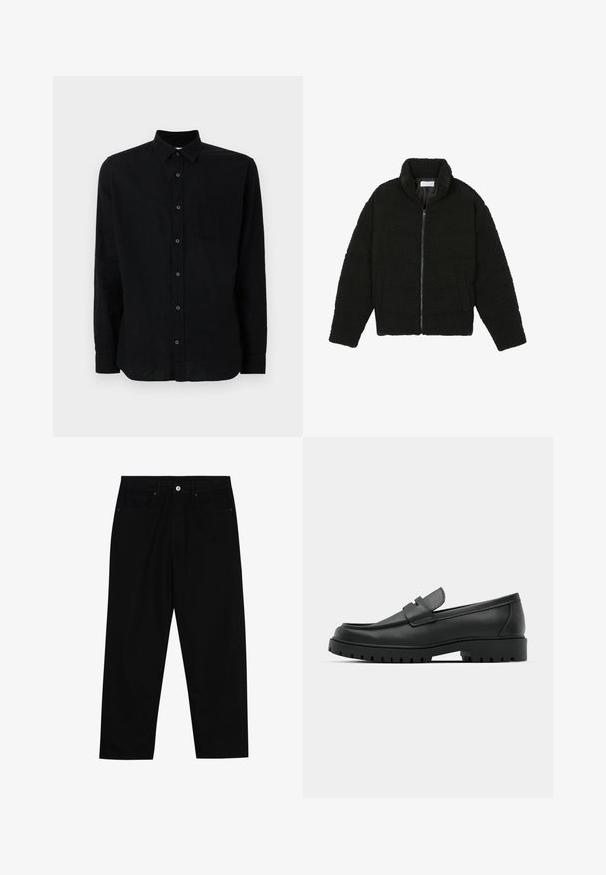 Svart fuskepelsjakke med høy krage, glidelås, elastiske mansjetter og quiltet design. Har sidelommer og en myk tekstur.; Svart langermet skjorte laget av strukturert stoff med knappelukking foran, enkelt brystlomme og klassisk krage.; Sorte denimbukser med rett benklipp, fem-lomme design og frontknappåpning. Jevn tekstur med minimale sømdetaljer.; Sorte lærloafere med rund tå, med en syddesign, lav plattformsåle og en teksturert, ruggede gummisåle.