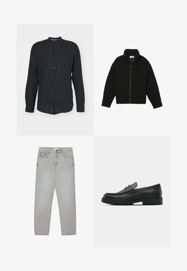 Schwarze Kunstpelzjacke mit hohem Kragen, Reißverschluss, elastischen Bündchen und gestepptem Design. Verfügt über seitliche Taschen und eine weiche Textur.; Only & Sons ONSCAIDEN MAO - Hemd - schwarz; Helle graue Jeanshose mit gerade geschnittenem Design, Fünf-Taschen-Stil und Knopfverschluss. Sichtbare Nähte entlang der Seitennähte.; Schwarze Lederloafer mit runder Zehenform, ausgestattet mit einem gesteppten Design, niedrigem Plattformsohle und einer strukturierten, genoppten Gummisohle.