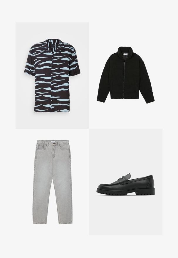 Juoda dirbtinė kailio striukė su aukštu apykakle, užtrauktuku, elastingomis rankovėmis ir siuvinėtu raštu. Su šoninėmis kišenėmis ir švelnia tekstūra.; Juodasis trumpo rankovės marškinėlis su šviesiai mėlynu bangų motyvu. Lankelis su įpjova ir priekyje užsegamas mygtukais.; Šviesiai pilki džinsai su tiesiu kirpimu, penkiais kišenėmis ir mygtuko uždarymu. Matoma siuvimo linija palei siūles.; Juodi odiniai loaferiai su apvalia nosimi, su siuvinėtu dizainu, žemu platformos padu ir tekstūruotu, sukibimo raštu padu.