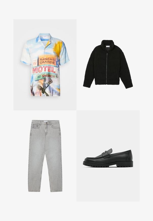 Svart faux fur-jacka med hög krage, dragkedjestängning, elastiska manschetter och ett kviltat mönster. Har sidofickor och en mjuk textur.; Kortärmad skjor med knappar som har en färgglad design av ett motellskyl, med blå, gula och gröna toner, gjord av lättviktsmaterial.; Ljusgrå denimbyxor med rak benform, femficksdesign och knappstängning. Synliga sömmar längs sömmarna.; Svarta lädersneakers med rund tå, med en sydd design, låg plattformssula och en texturerad, mönstrad gummisula.