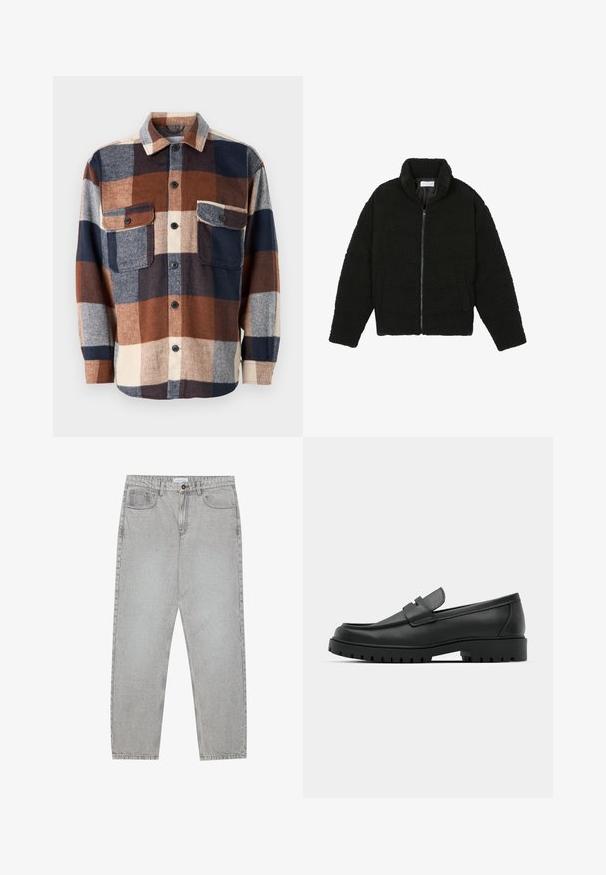 Svart faux fur-jacka med hög krage, dragkedjestängning, elastiska manschetter och ett kviltat mönster. Har sidofickor och en mjuk textur.; Rutig flanellskjorta i brunt, marinblått och krämfärgat. Har en knäppning framtill, två bröstfickor och en spridd krage. Mjuk textur.; Ljusgrå denimbyxor med rak benform, femficksdesign och knappstängning. Synliga sömmar längs sömmarna.; Svarta lädersneakers med rund tå, med en sydd design, låg plattformssula och en texturerad, mönstrad gummisula.