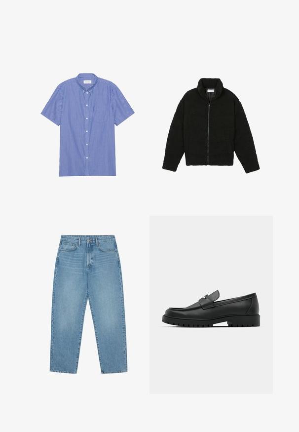 Svart fuskepelsjakke med høy krage, glidelås, elastiske mansjetter og quiltet design. Har sidelommer og en myk tekstur.; Kortermet skjorte med knapper i blå og hvite vertikale striper. Har spiss krage og brystlomme. Laget av lett stoff.; Lyseblå denim brede benbukser med høy midje, som har fem lommer, beltehemper og en myk, lett falmet tekstur.; Sorte lærloafere med rund tå, med en syddesign, lav plattformsåle og en teksturert, ruggede gummisåle.