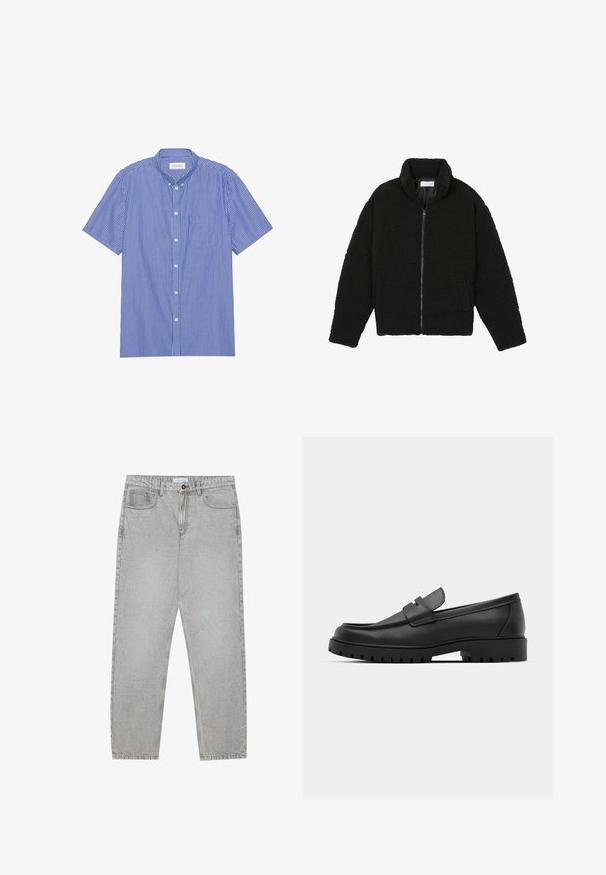 Jachetă din blană sintetică neagră, cu guler înalt, închidere cu fermoar, manșete elastice și un design matlasat. Dispune de buzunare laterale și o textură moale.; Cămașă cu mânecă scurtă, cu nasturi, în dungi verticale alb-albastre. Prezintă un guler ascuțit și un buzunar pe piept. Fabricată dintr-un material ușor.; Pantaloni din denim gri deschis cu un design cu picioare drepte, stil cu cinci buzunare și închidere cu nasture. Cusături vizibile de-a lungul cusăturilor.; Mocasini din piele neagră cu vârful rotunjit, având un design cusut, talpă joasă și o talpă din cauciuc texturat, cu crampoane.