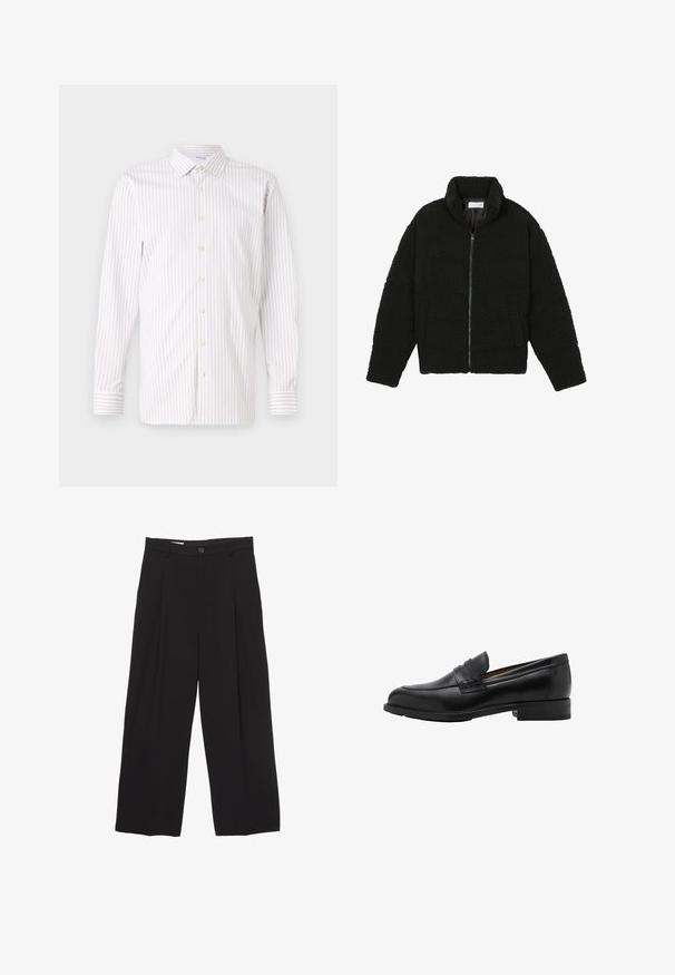 Giacca in pelliccia sintetica nera con colletto alto, chiusura con zip, polsini elasticizzati e design trapuntato. Presenta tasche laterali e una consistenza morbida.; Camicia a righe di colore chiaro con colletto button-down, maniche lunghe e bottoni perlacei. Presenta strisce sottili alternate chiare e scure.; Pantaloni neri a gamba larga realizzati in tessuto morbido, con vita piatta, pinces frontali e chiusura con un bottone.; Mocassini in pelle nera con punta cucita e tacco piatto. Texture liscia con punta arrotondata e una fascia decorativa sopra il collo del piede.