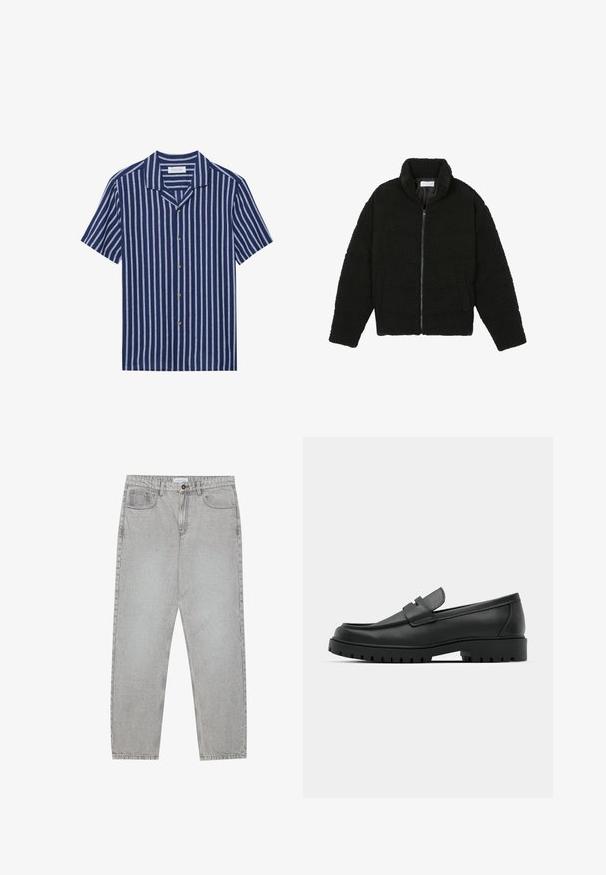 Giacca in pelliccia sintetica nera con colletto alto, chiusura con zip, polsini elasticizzati e design trapuntato. Presenta tasche laterali e una consistenza morbida.; Pier One LINEN MIX BLEND SHIRT - Camicia - dark blue/white; Pantaloni in denim grigio chiaro con design a gamba dritta, stile a cinque tasche e chiusura con bottone. Cuciture visibili lungo le cuciture.; Mocassini in pelle nera con punta rotonda, caratterizzati da un design cucito, suola piatta bassa e un battistrada in gomma testurizzata e scolpita.