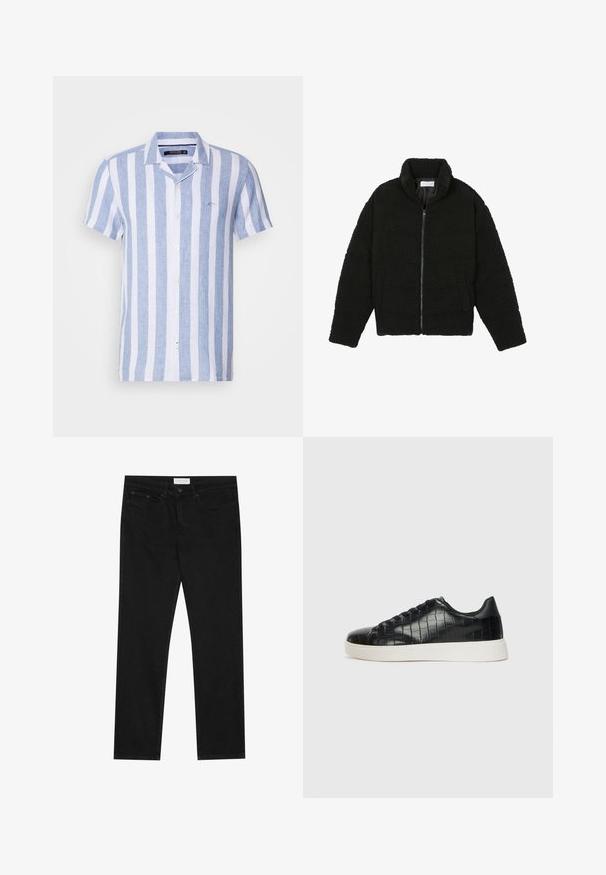 Veste en fausse fourrure noire avec un col haut, fermeture éclair, poignets élastiques et un design matelassé. Elle possède des poches latérales et une texture douce.; Chemise à manches courtes avec des rayures verticales bleues et blanches, fabriquée en tissu léger, avec un col et un logo sur la poitrine.; Jean droit noir avec un design à cinq poches, fermeture à bouton et zip, et une étiquette de marque Pier One sur la taille.; Baskets noires avec un dessus en cuir gaufré effet crocodile, bout rond et semelle en caoutchouc blanc contrastant avec une finition lisse.