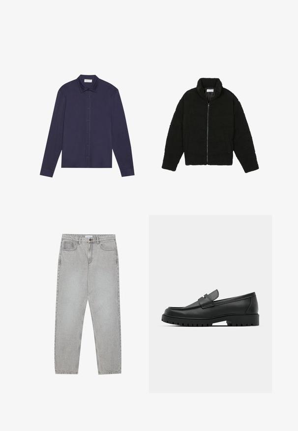 Zwarte faux fur jas met een hoge kraag, ritssluiting, elastische manchetten en een doorgestikt ontwerp. Beschikt over zijzakken en een zachte textuur.; Marineblauwe longsleeve shirt van een gladde stof, met een knopenlijst aan de voorkant, een puntige kraag en een iets ontspannen pasvorm.; Lichtgrijze denimbroek met een recht model, vijfzakkenstijl en een knoopsluiting. Zichtbare stiksels langs de naden.; Zwarte leren instappers met een ronde neus, voorzien van een gestikt ontwerp, een lage platformzool en een gestructureerde, grof rubberen buitenzool.