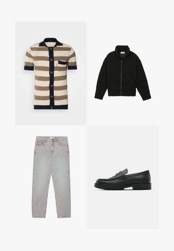 Juoda dirbtinė kailio striukė su aukštu apykakle, užtrauktuku, elastingomis rankovėmis ir siuvinėtu raštu. Su šoninėmis kišenėmis ir švelnia tekstūra.; Trumpas rankovėmis, mygtukų užsegamas megztas kardiganas kreminės, rudos ir tamsiai mėlynos spalvų juostomis. Savybės: tekstūrinis audinys ir vienas krūtinės kišenė.; Šviesiai pilki džinsai su tiesiu kirpimu, penkiais kišenėmis ir mygtuko uždarymu. Matoma siuvimo linija palei siūles.; Juodi odiniai loaferiai su apvalia nosimi, su siuvinėtu dizainu, žemu platformos padu ir tekstūruotu, sukibimo raštu padu.