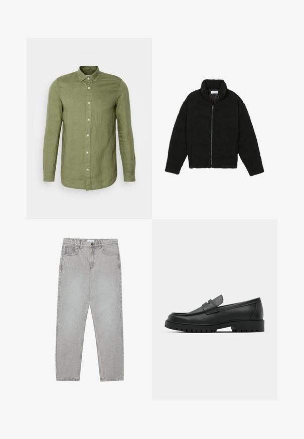 Juoda dirbtinė kailio striukė su aukštu apykakle, užtrauktuku, elastingomis rankovėmis ir siuvinėtu raštu. Su šoninėmis kišenėmis ir švelnia tekstūra.; Alyvuogių žalia lino ilgomis rankovėmis marškiniai su mygtukų apykakle, su baltais mygtukais ir laisvu siluetu. Audinys su tekstūra, pritaikyti rankogaliai.; Šviesiai pilki džinsai su tiesiu kirpimu, penkiais kišenėmis ir mygtuko uždarymu. Matoma siuvimo linija palei siūles.; Juodi odiniai loaferiai su apvalia nosimi, su siuvinėtu dizainu, žemu platformos padu ir tekstūruotu, sukibimo raštu padu.