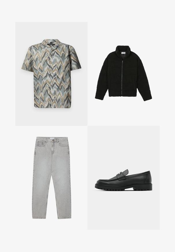 Juoda dirbtinė kailio striukė su aukštu apykakle, užtrauktuku, elastingomis rankovėmis ir siuvinėtu raštu. Su šoninėmis kišenėmis ir švelnia tekstūra.; Trumpas rankovėmis marškinėliai, kuriuose yra bangos formos raštas turkio, pilkos, smėlio ir aukso atspalviais. Pagaminti iš lengvos medžiagos su mygtukų uždarymu priekyje.; Šviesiai pilki džinsai su tiesiu kirpimu, penkiais kišenėmis ir mygtuko uždarymu. Matoma siuvimo linija palei siūles.; Juodi odiniai loaferiai su apvalia nosimi, su siuvinėtu dizainu, žemu platformos padu ir tekstūruotu, sukibimo raštu padu.