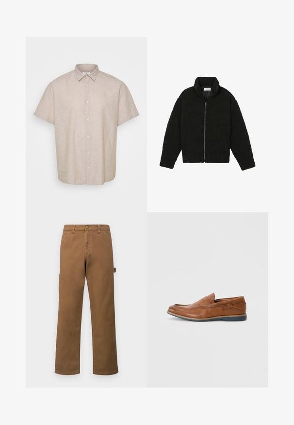 Svart faux fur-jacka med hög krage, dragkedjestängning, elastiska manschetter och ett kviltat mönster. Har sidofickor och en mjuk textur.; Kortärmad, kragad skjorta i ljusbeige linne. Har en knapprad framtill och en lös passform med en slät, texturerad yta.; Bruna bomullscargo byxor med rak ben, med sidofickor och en metallknappstängning i midjan. Slät textur och avslappnad design.; Bruna läder loafers med rund tå, sydda accenter och en låg gummisula. Designen har ett band över framsidan.