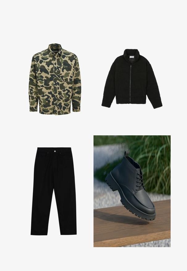 Must must karusnahast jakk kõrge kraega, lukuga sulgemine, elastsed varrukad ja tikandmuster. Omab küljetaskuid ja pehmet tekstuuri.; Kameele särk, millel on beež põhi roheliste ja tumeroheliste abstraktsete kujunditega, pikad varrukad, ees nupuga sulgemine ja rinnatasku.; Mustadest denimist püksid, millel on sirge jalg, viie tasku disain ja eesnupuga sulgur. Sile tekstuur koos minimaalsete õmblustega.; Mustad musta nahast pahkluu saapad, millel on ümar varvas, nööbid ja paks, robustne tald sügavate narmastega. Tõstetud puidust pinnale.