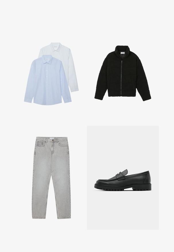 Czarna kurtka z faux futra z wysokim kołnierzem, zapięciem na zamek, elastycznymi mankietami i pikowanym wzorem. Posiada boczne kieszenie i miękką fakturę.; Dwie koszule z długim rękawem: jedna jasnoniebieska w cienkie pionowe paski, druga solidnie biała. Obie mają kołnierzyki i zapięcie na guziki.; Jasnoszare dżinsy o prostym kroju nogawki, z pięcioma kieszeniami i zapięciem na guzik. Widoczne szwy wzdłuż szwów.; Czarne skórzane mokasyny z zaokrąglonym noskiem, posiadające przeszywany wzór, niską platformę oraz teksturowaną, gumową podeszwę z bieżnikiem.