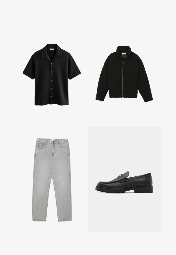 Giacca in pelliccia sintetica nera con colletto alto, chiusura con zip, polsini elasticizzati e design trapuntato. Presenta tasche laterali e una consistenza morbida.; Next CUBAN COLLAR REGULAR FIT - Camicia - black; Pantaloni in denim grigio chiaro con design a gamba dritta, stile a cinque tasche e chiusura con bottone. Cuciture visibili lungo le cuciture.; Mocassini in pelle nera con punta rotonda, caratterizzati da un design cucito, suola piatta bassa e un battistrada in gomma testurizzata e scolpita.