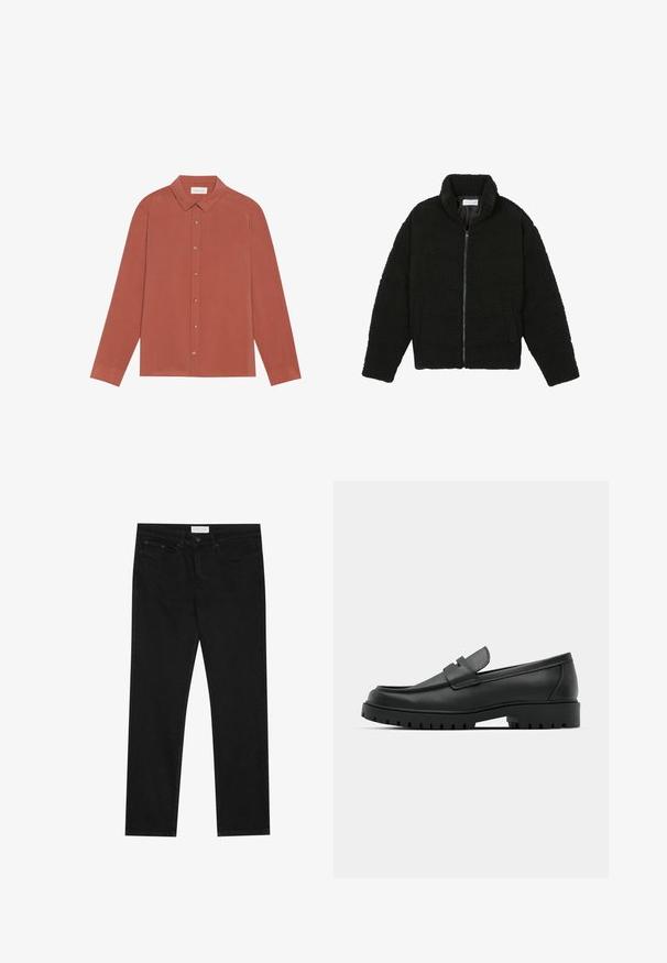 Black faux fur jacket with a high collar, zip closure, elastic cuffs, and a quilted design. Features side pockets and a soft texture.; Rust-colored long-sleeve shirt with a collar, button closure, and flat cuffs. Smooth texture and clean lines; no patterns or embellishments.; Black straight-leg jeans with five-pocket design, button and zip fly closure, and a Pier One brand label on the waistband.; Black leather loafers with a rounded toe, featuring a stitched design, low platform sole, and a textured, lugged rubber outsole.