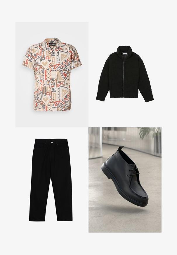 Melnā mākslīgā kažokādas jaka ar augstu apkakli, ar rāvējslēdzēju, elastīgām piedurknēm un kvadrātveida šuvēm. Iespējotas sānu kabatas un mīksta tekstūra.; Kreklu ar īsām piedurknēm, kas rotāts ar bēšīgu fona un ģeometriskiem rakstiem sarkanā, brūnā un melnā krāsā; ar pogu aizdari, viegls audums.; Melni džinsi ar taisnu kāju griezumu, piecu kabatu dizainu un priekšēju pogu aizdari. Gluda tekstūra ar minimālu šuvju detaļu skaitu.; Melnas ādas kurpes ar gludu tekstūru, noapaļotu purngalu un aukliņu dizainu; ir zema profila zole un aizmugures cilpa.